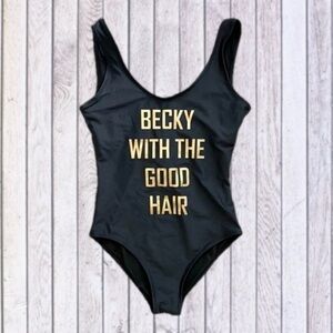 Becky with the Good Hair Statement One Piece Swimsuit-Black w/ Gold Font-Medium